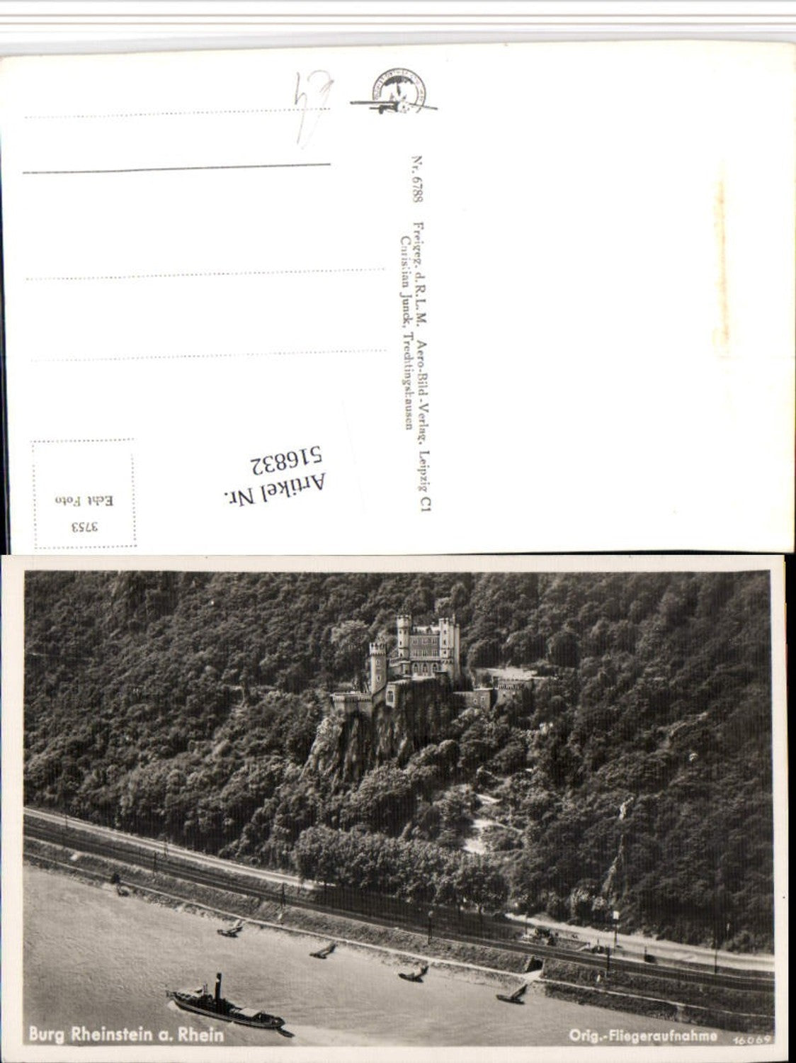 516832,Burg Rheinstein am Rhein b. Trechtingshausen Dampfer Fliegeraufnahme