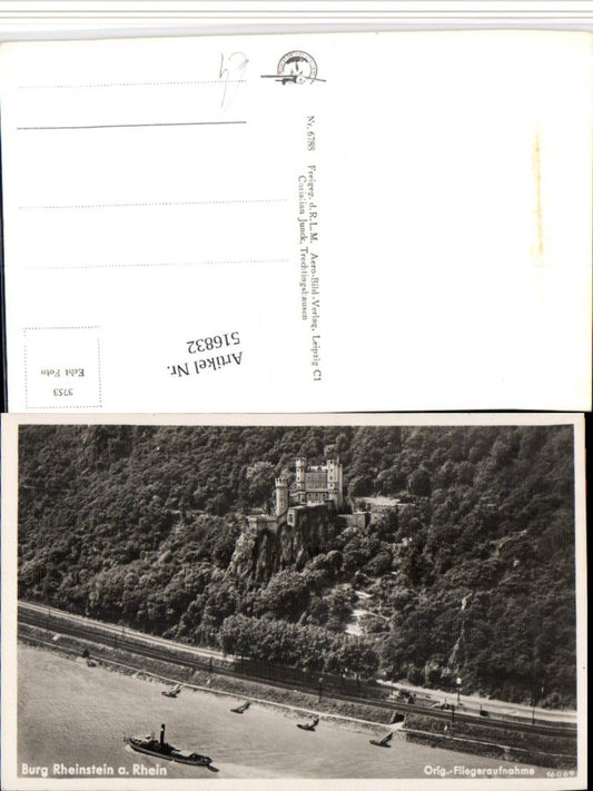 516832,Burg Rheinstein am Rhein b. Trechtingshausen Dampfer Fliegeraufnahme