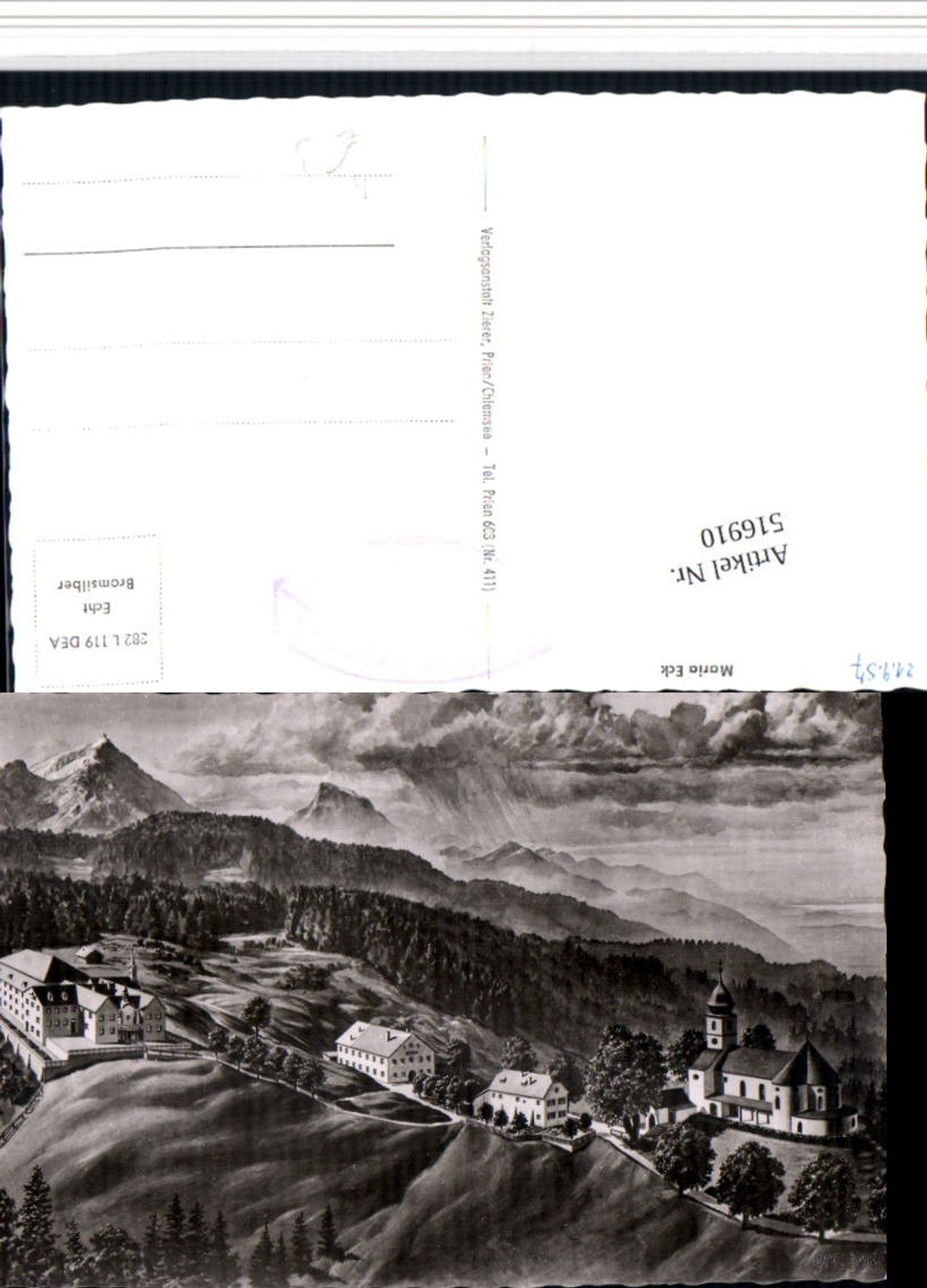 516910,Künstler AK Maria Eck b. Siegsdorf Kirche Bergkulisse