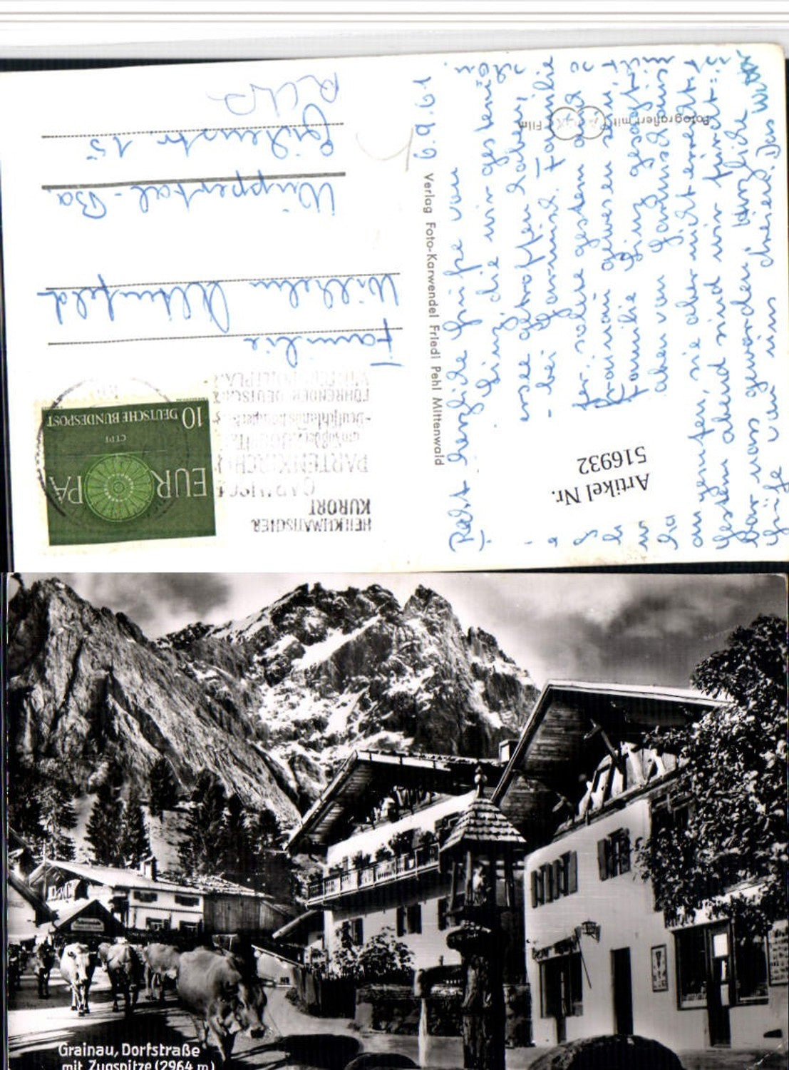 516932,Grainau Dorfstraße Brunnen Rinder m. Zugspitze Bergkulisse