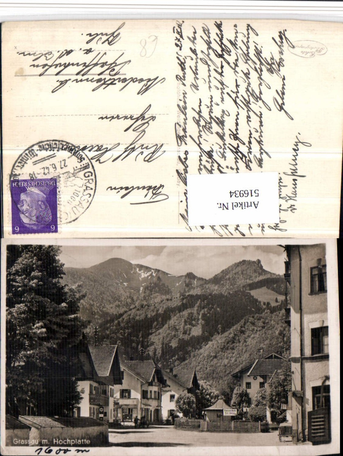 516934,Grassau Straßenansicht m. Hochplatte Bergkulisse