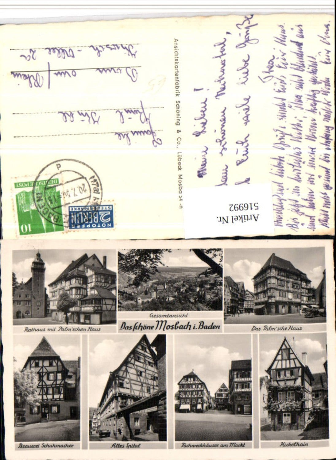 516992, Mosbach Town Hall, Kickelhain Brewery, multi-view postcard