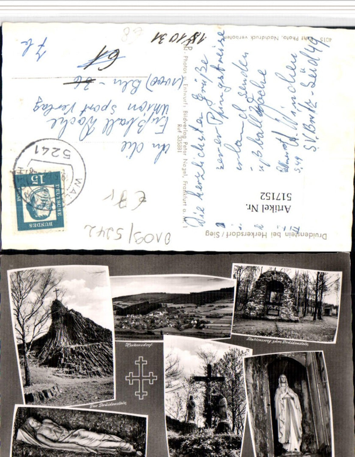 517152,Herkersdorf an d. Sieg Totale Druidenstein Kruzifix Mehrbildkarte