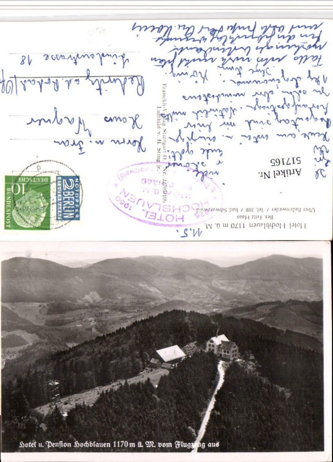517165,Hotel Pension Hochblauen b. Badenweiler Fliegeraufnahme