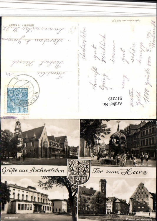 517219,Aschersleben Markt Bahnhof Volkshaus Brunnen Mehrbildkarte