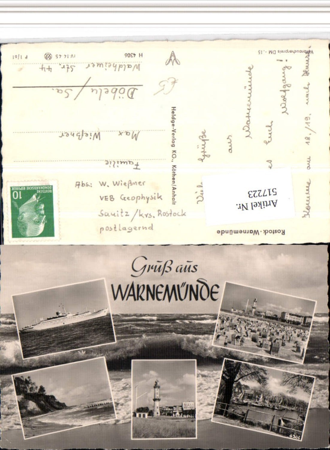 517223,Rostock Warnemünde Strand Leuchtturm Dampfer Mehrbildkarte