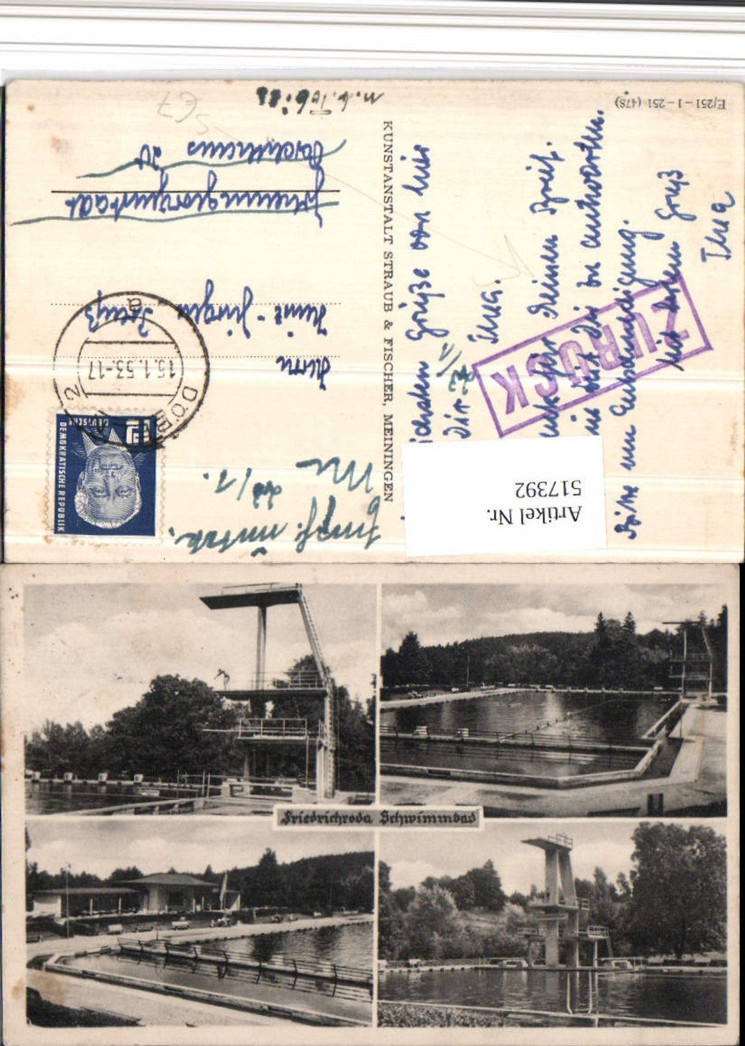517392, Friedrichroda Swimming pool Outdoor pool Diving tower Multi-view postcard Back Stamp