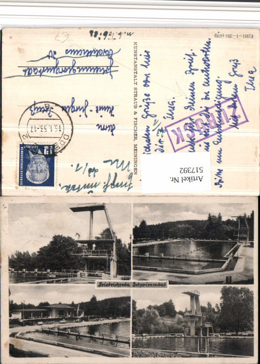517392, Friedrichroda Swimming pool Outdoor pool Diving tower Multi-view postcard Back Stamp