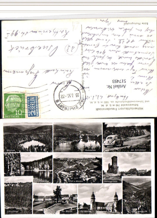 517493, Freudenstadt in the Black Forest, overview of VW Beetles, church, lakes, multi-view postcard