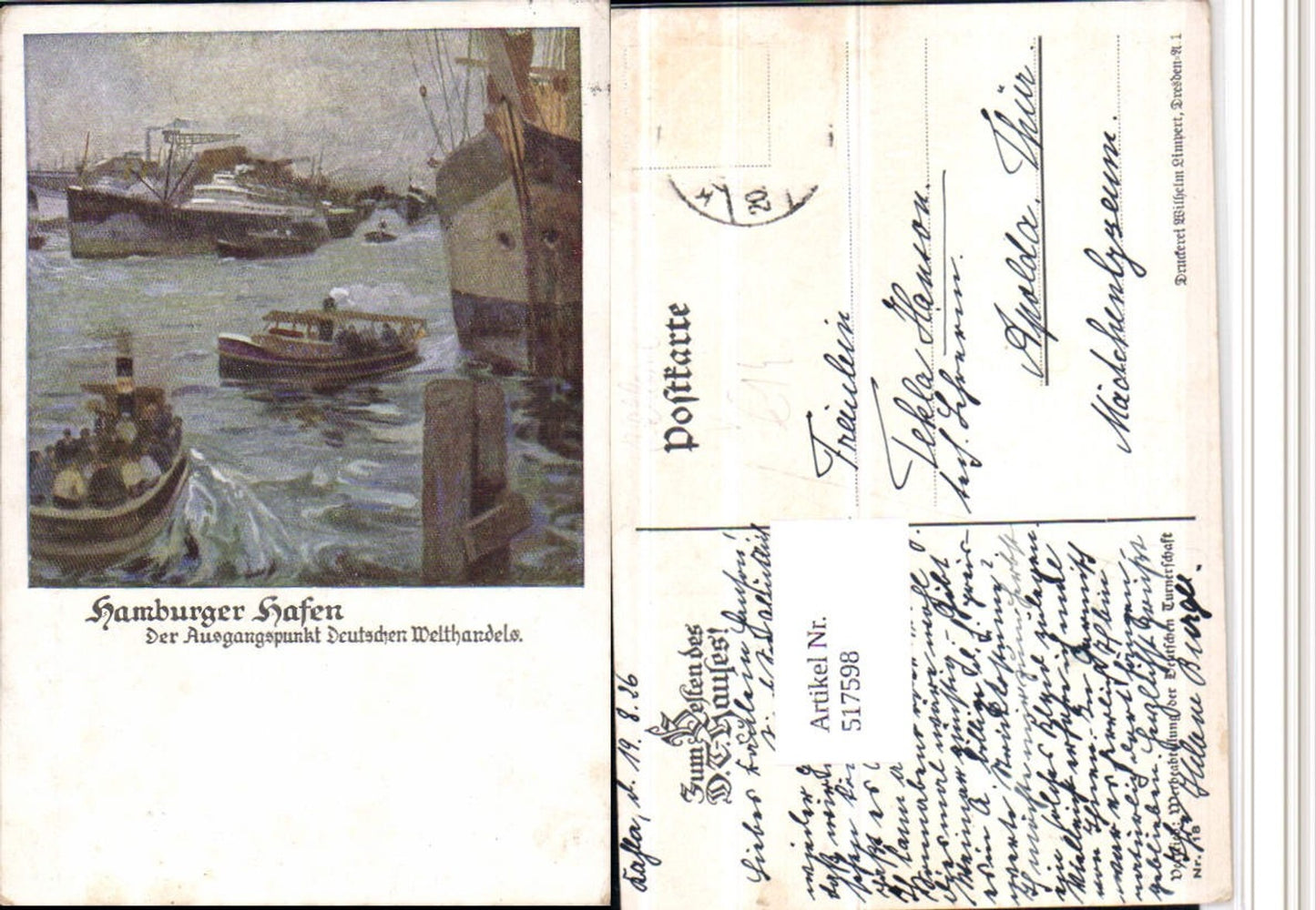 517598,Künstler AK Hamburg Hafen Dampfer Reklame pub Dt. Turnerschaft