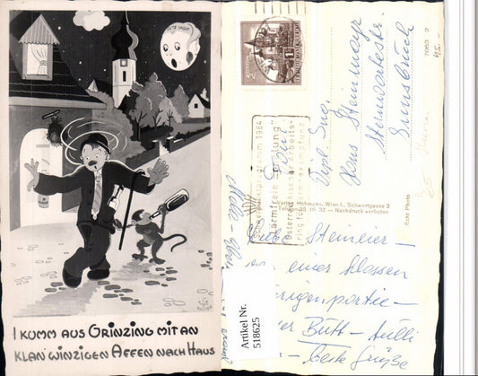 518625,Künstler AK Grinzing Trinkerhumor Betrunkener Affe Wein Mondgesicht Humor