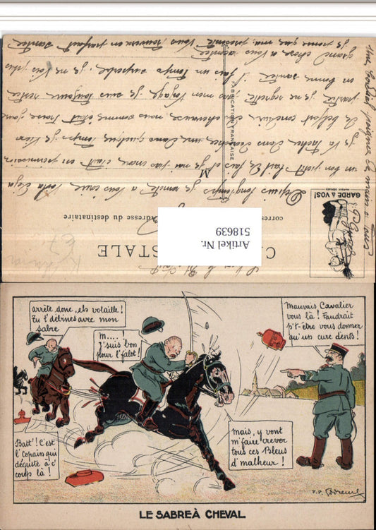518639,Künstler AK Militärhumor Le Sabrea Cheval Soldaten Pferde Humor