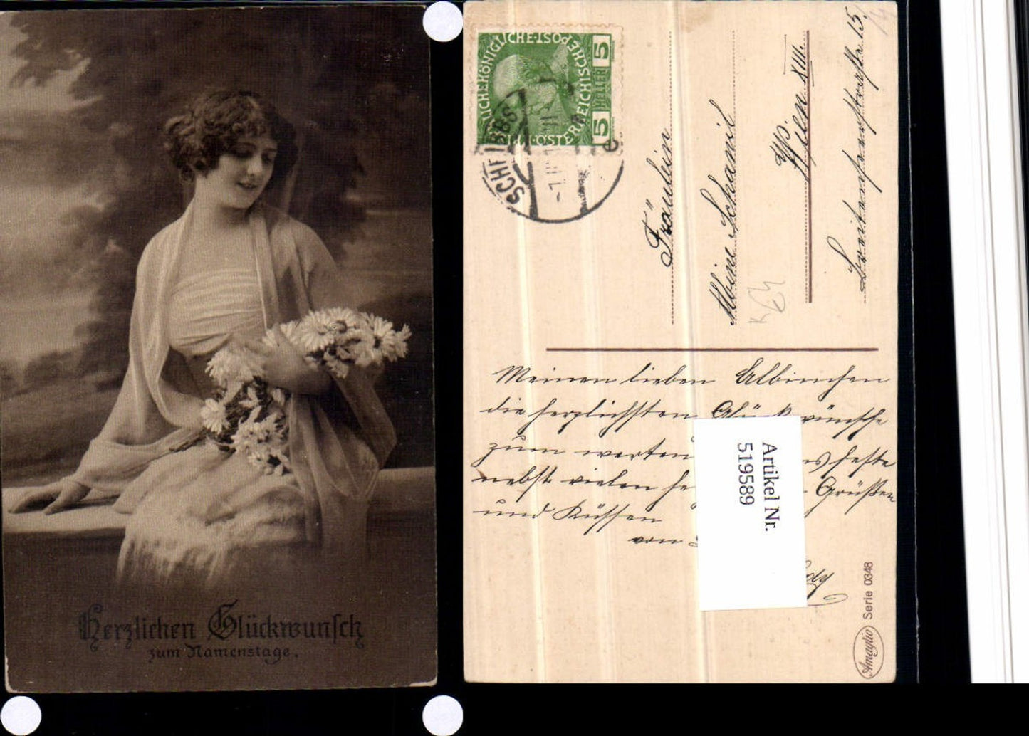 519589,Künstler AK Namenstag Frau Blumen Mageriten Stempel Scheibbs n Wien