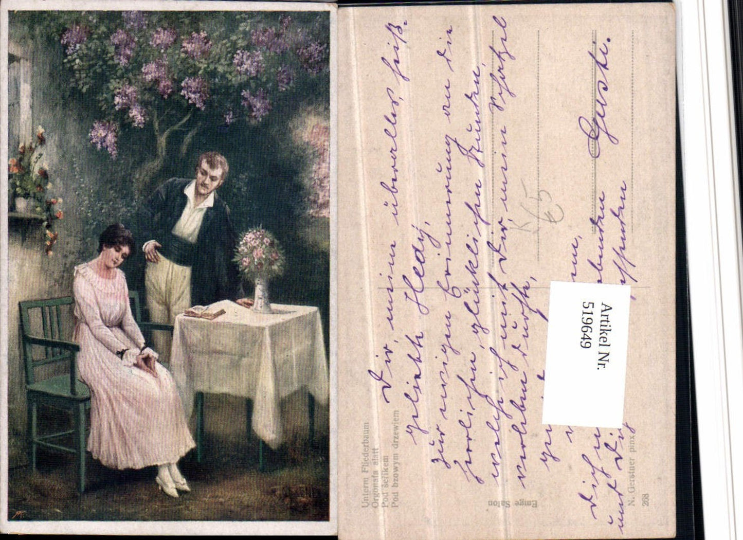 519649,Künstler AK N. Gerstner Unterm Fliederbaum Liebe Paar Kleid
