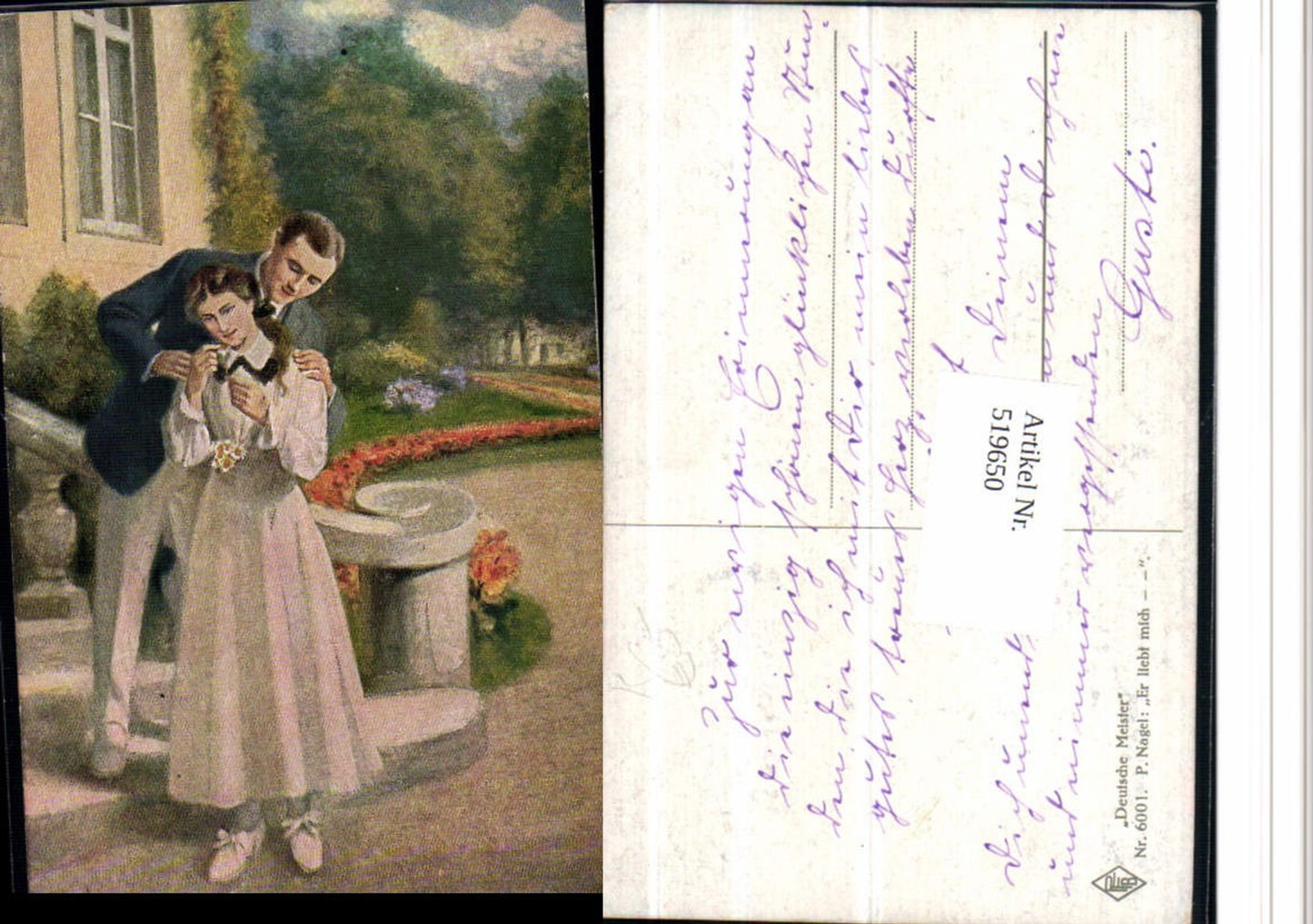 519650,Künstler AK P. Nagel Er liebt mich Liebe Paar Blumenkette