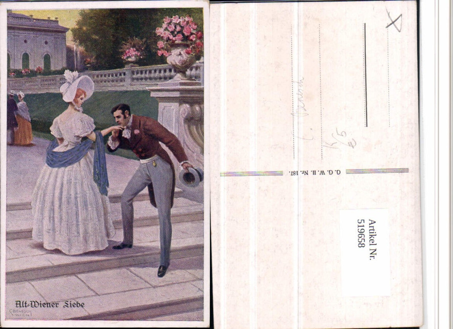519658,Künstler AK C. Benesch Alt-Wiener Liebe Paar Handkuss Frau Kleid