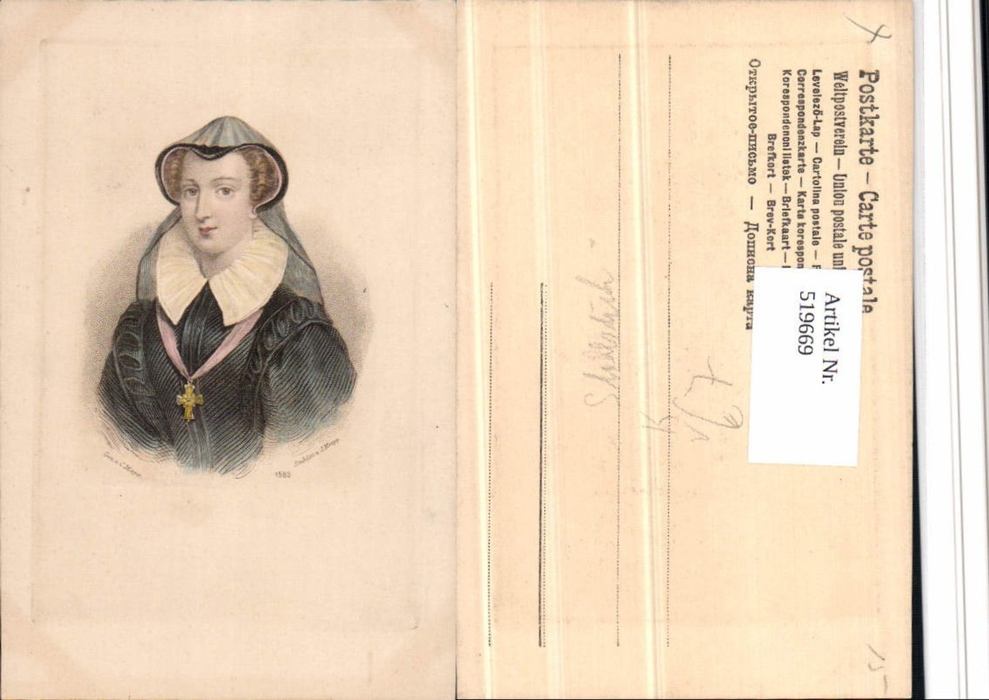 519669,Künstler AK Stahlstich J. Krepp Frau Portrait Kreuz pub C. Mayer