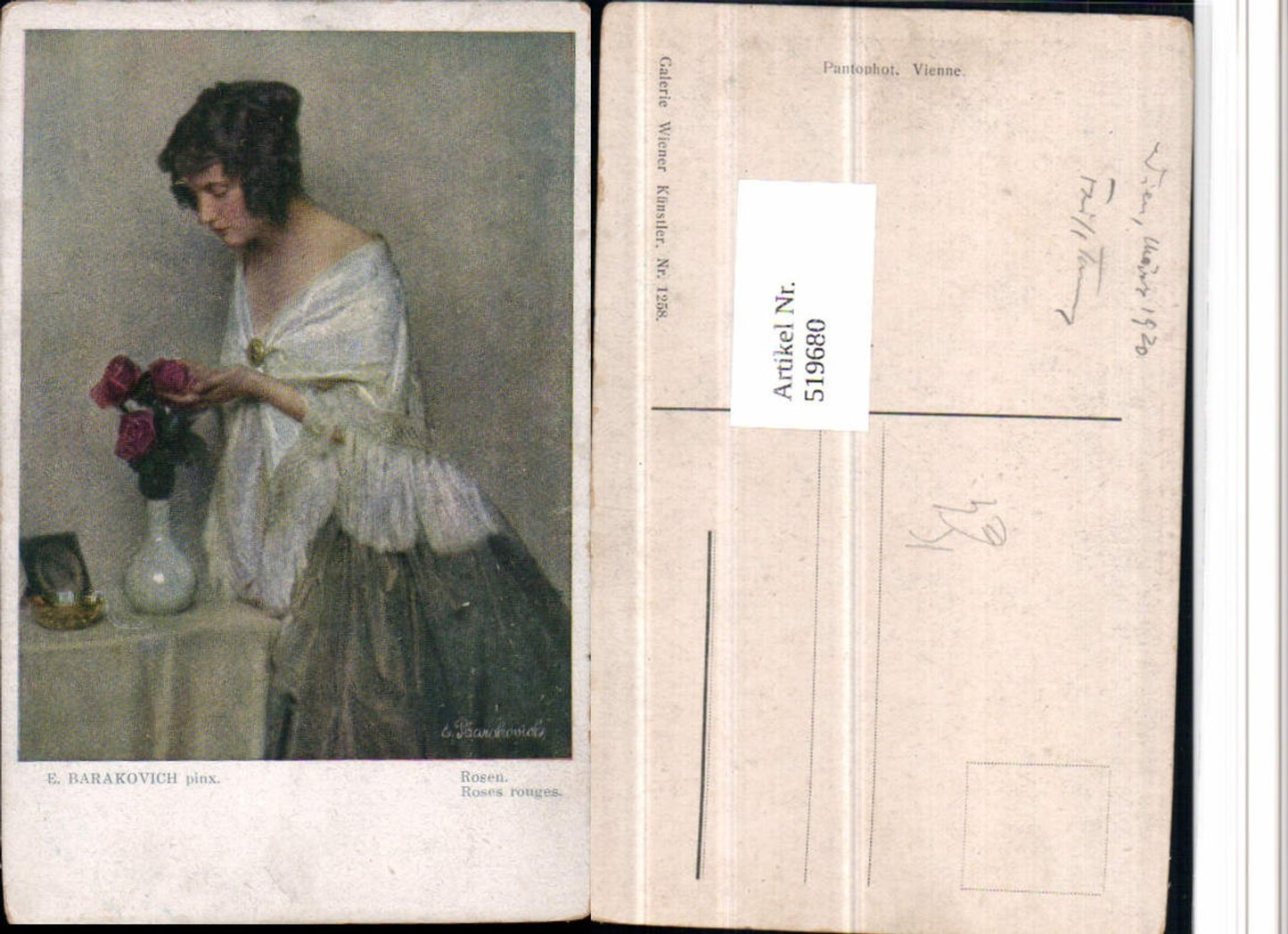 519680,Künstler AK E. Barakovich Rosen Frau Kleid Vase