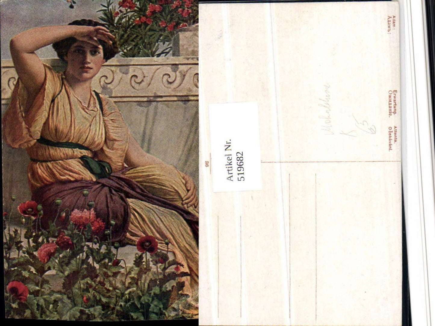 519682,Künstler AK Adam Erwartung Frau Kleid Mohnblumen Blume