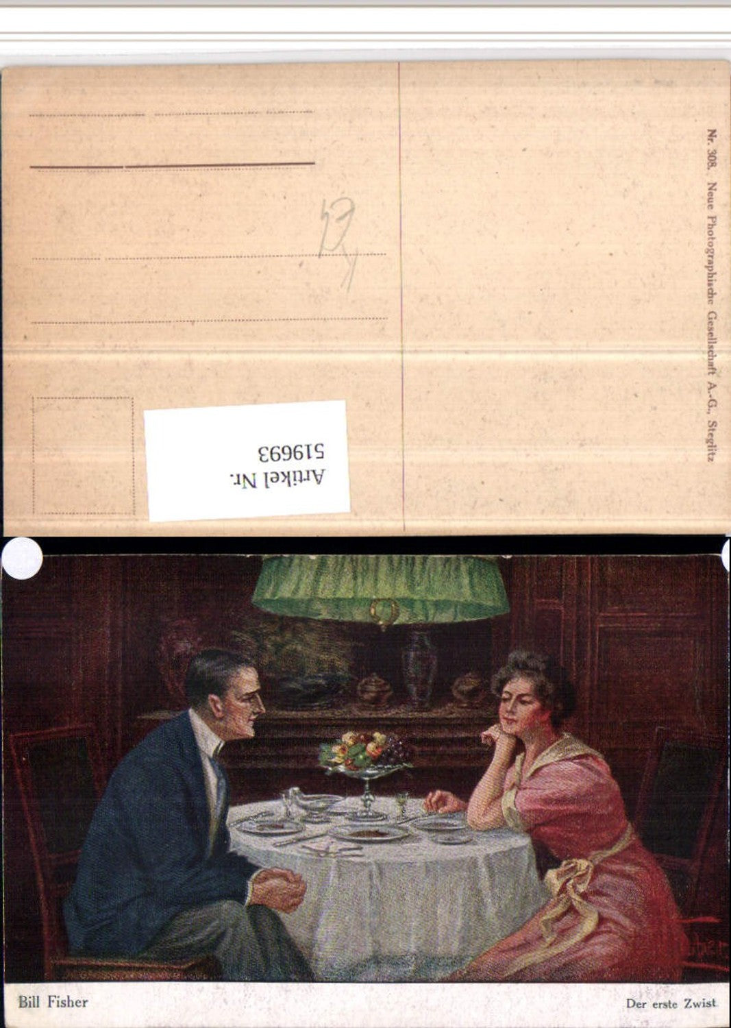 519693,Künstler AK Bill Fisher Der erste Zwist Paar Tisch Gedeck