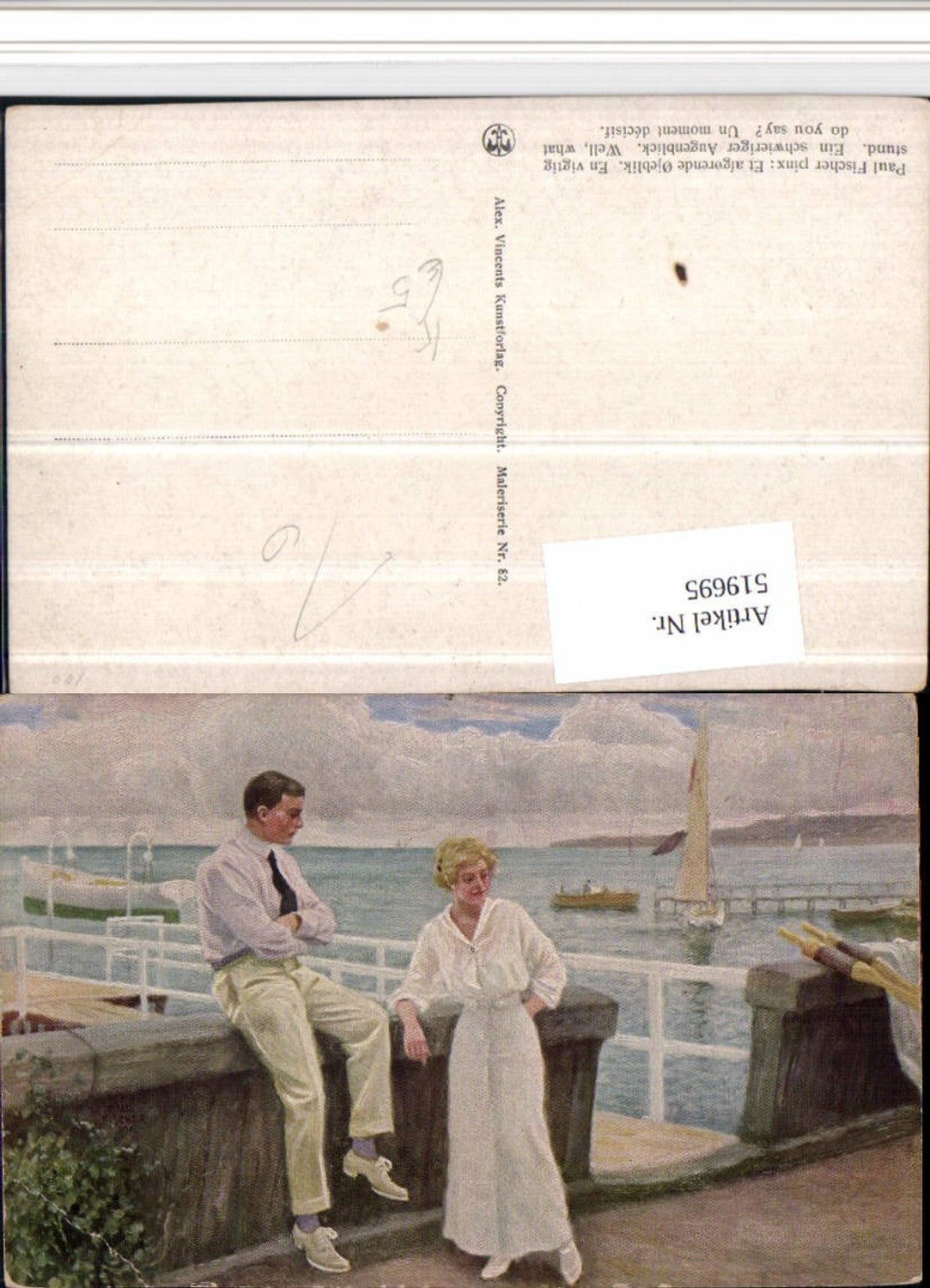 519695,Künstler AK Paul Fischer Ein schwieriger Augenblick Paar See Steg