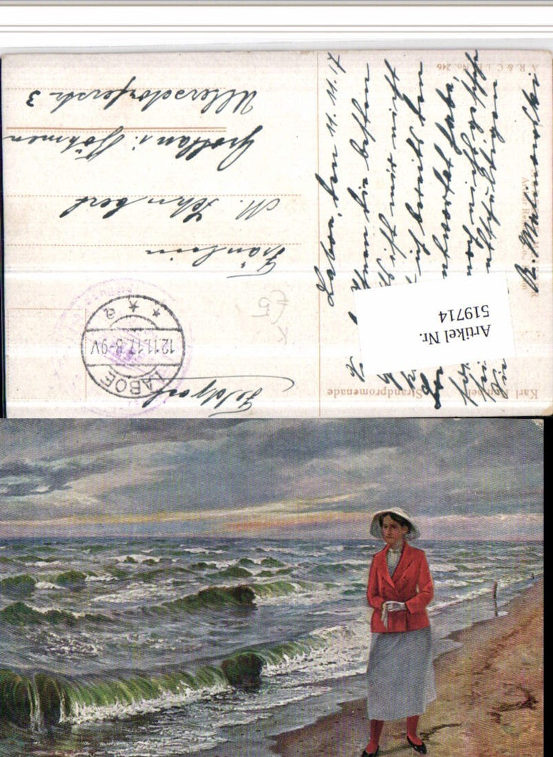 519714,Künstler AK Karl Pumpel Strandpromenade Frau Hut Meer