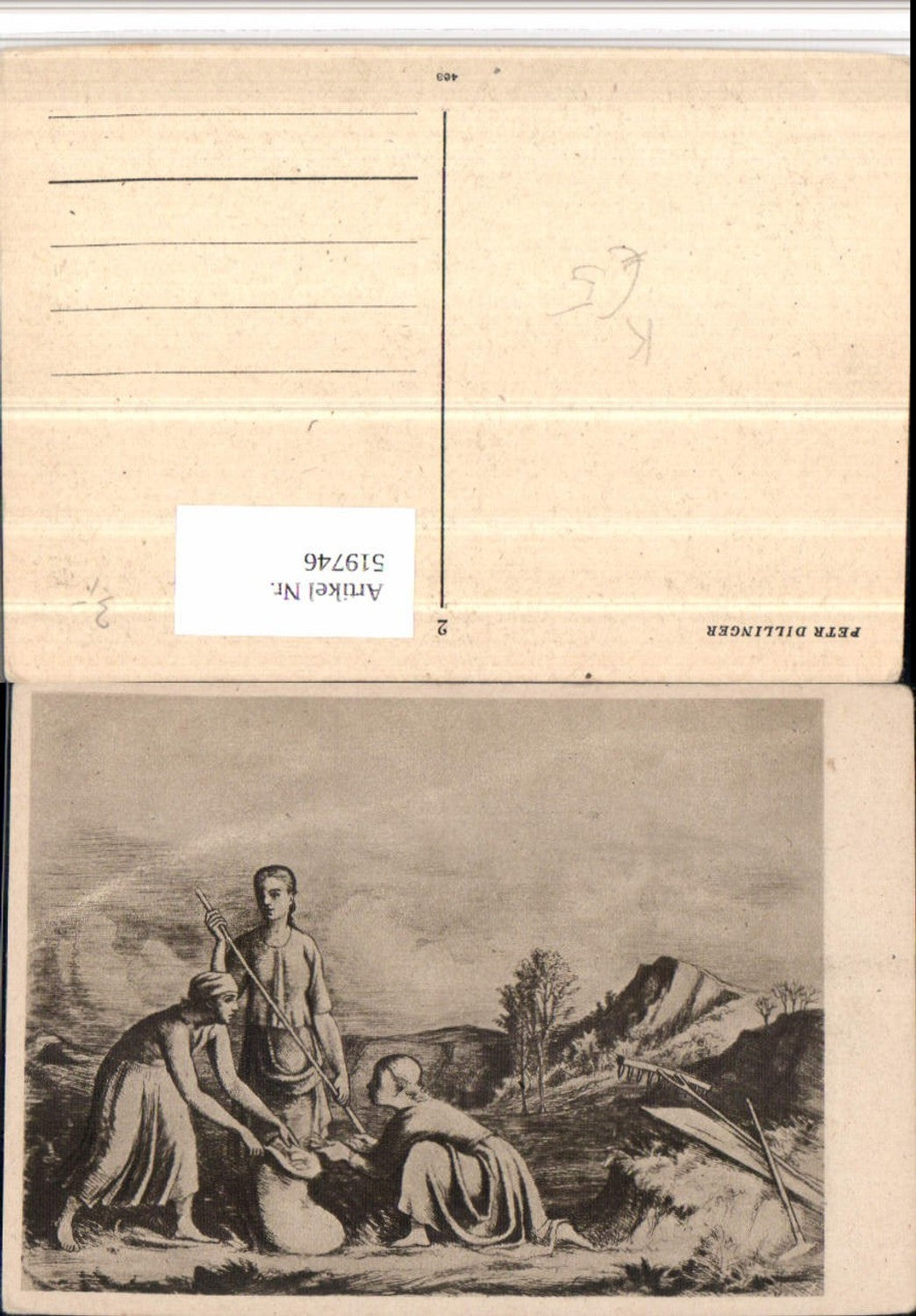 519746,Künstler AK Peter Dillinger Personen Sack Rechen