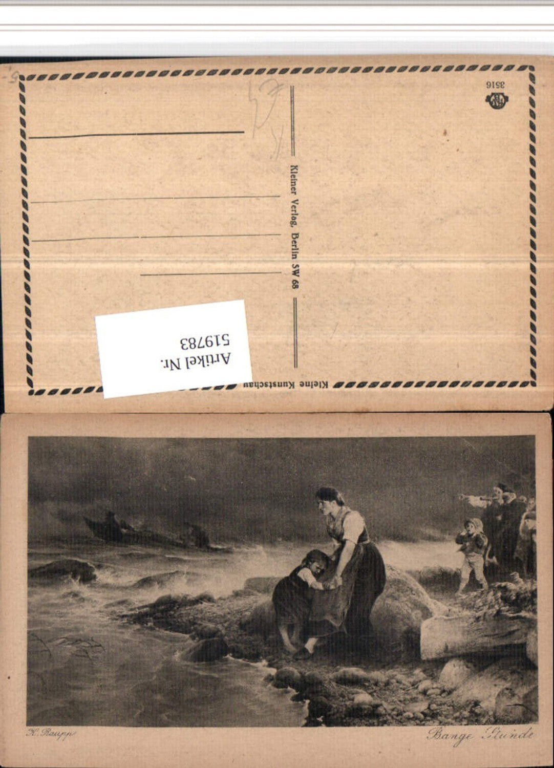 519783,Künstler AK K. Raupp Bange Stunde Familie See Sturm