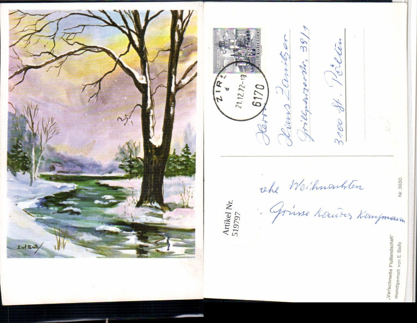 519797,Künstler AK E. Bailly Verschneite Flusslandschaft Baum