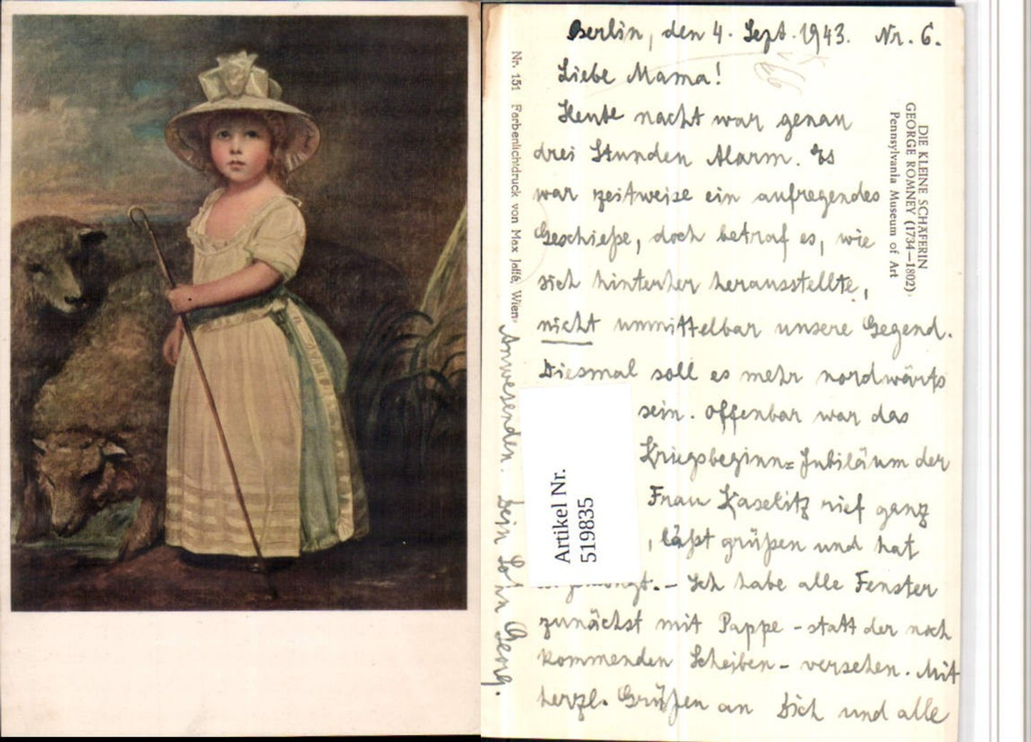519835,Künstler AK George Romney Kleine Schäferin Hut Stock pub Max Jaffe 151