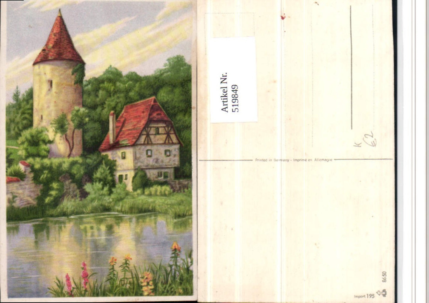 519849,Künstler AK Landschaft Haus Turm