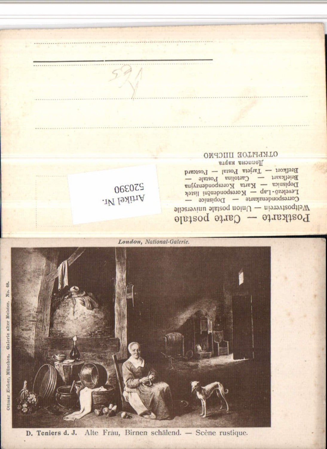 520390,Künstler AK D. Teniers d.J. Alte Frau Birnen schälend pub Ottmar Zieher 58