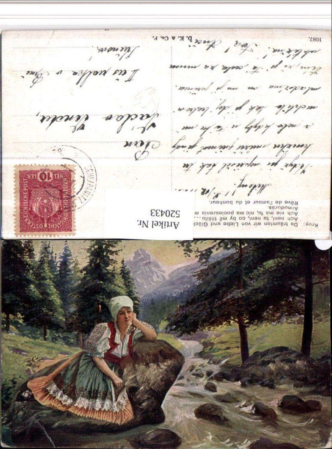 520433,Künstler AK Kroy Da träumten wir von Liebe und Glück Frau Tracht Bach