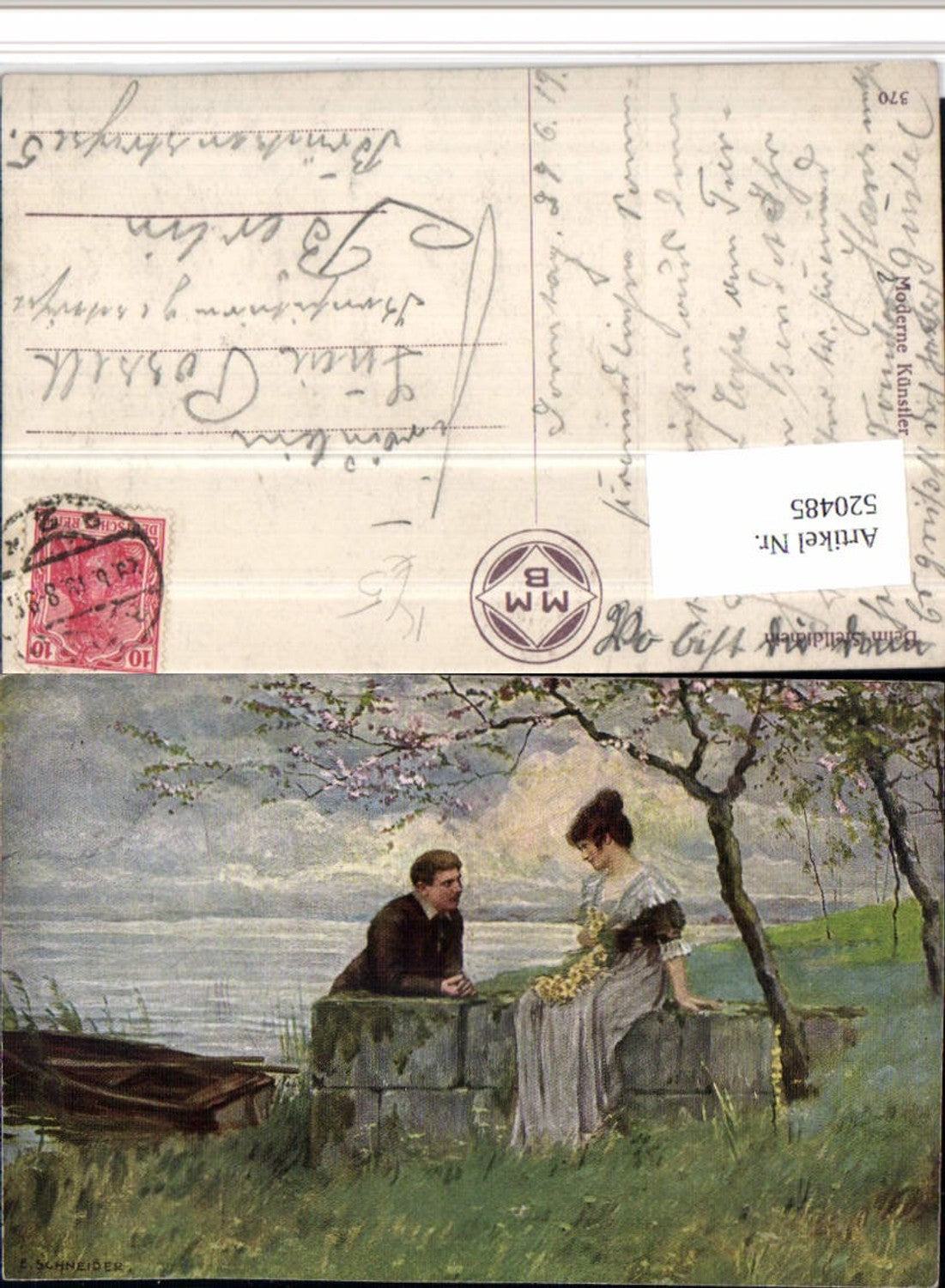 520485,Künstler AK E. Schneider Beim Stelldichein Liebe Paar Ruderboot