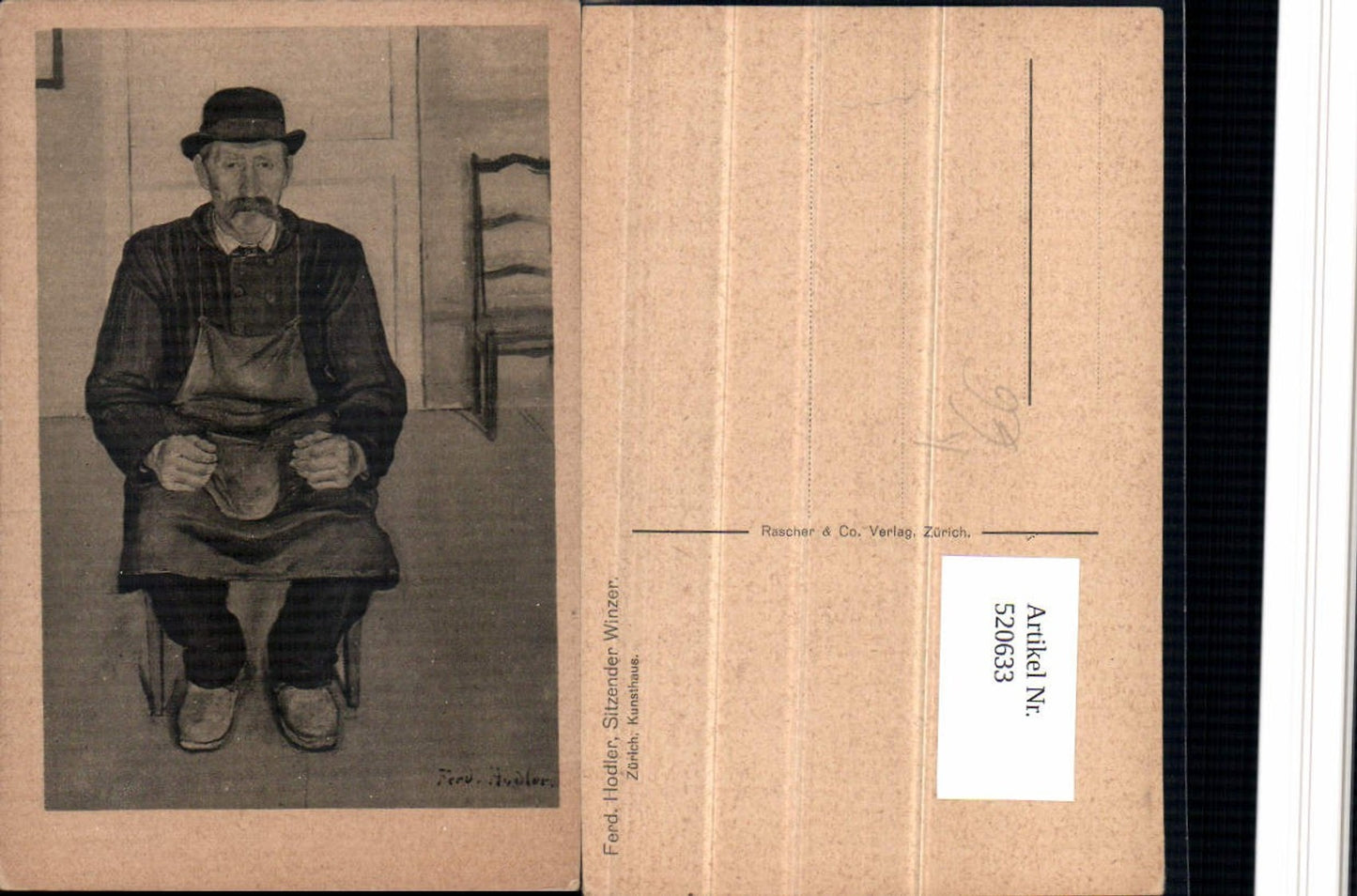 520633,Künstler AK Ferd. Hodler Sitzender Winzer Mann Hut