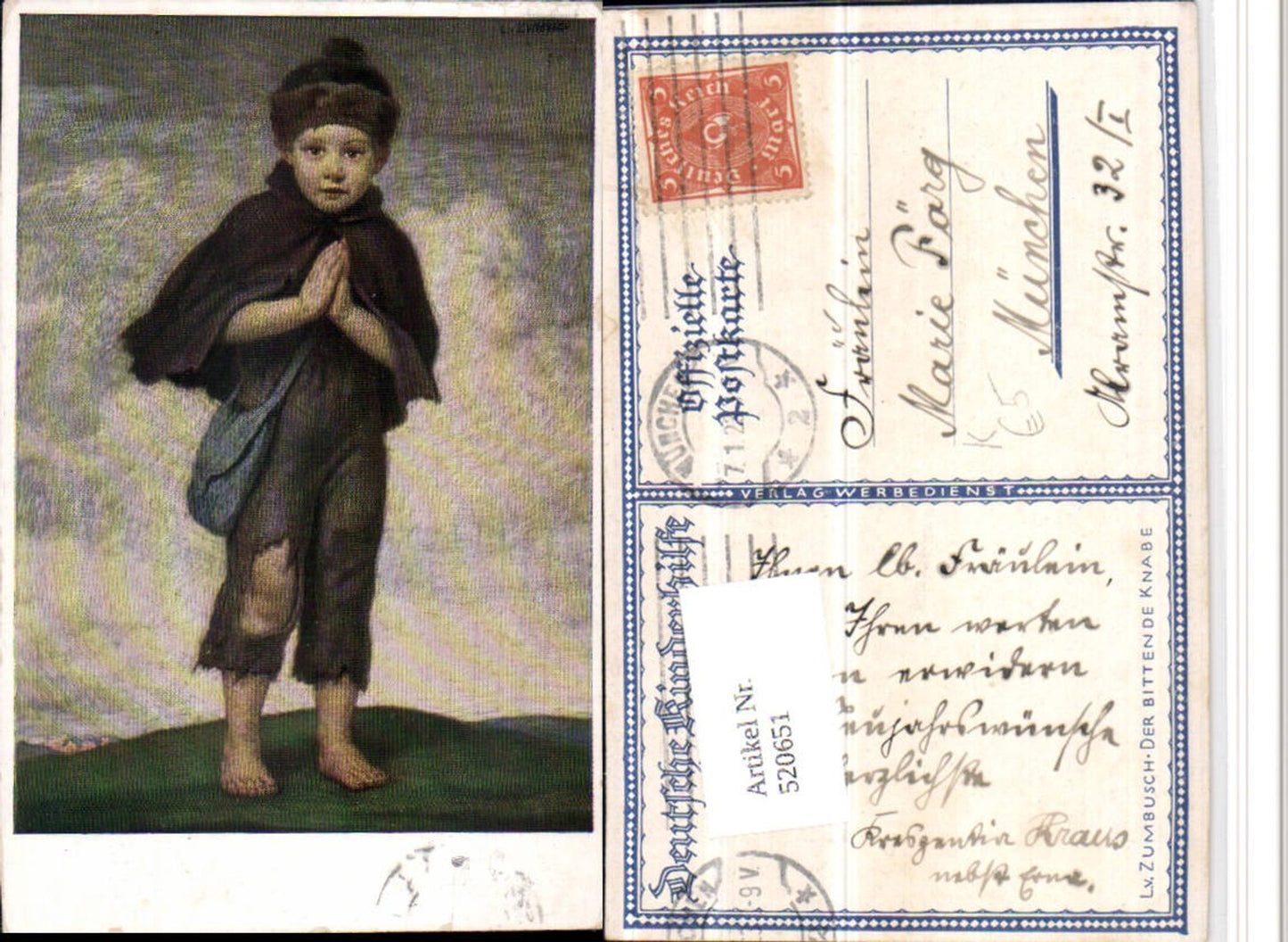 520651,Künstler AK L. v. Zumbusch Der bittende Knabe Bub Tasche