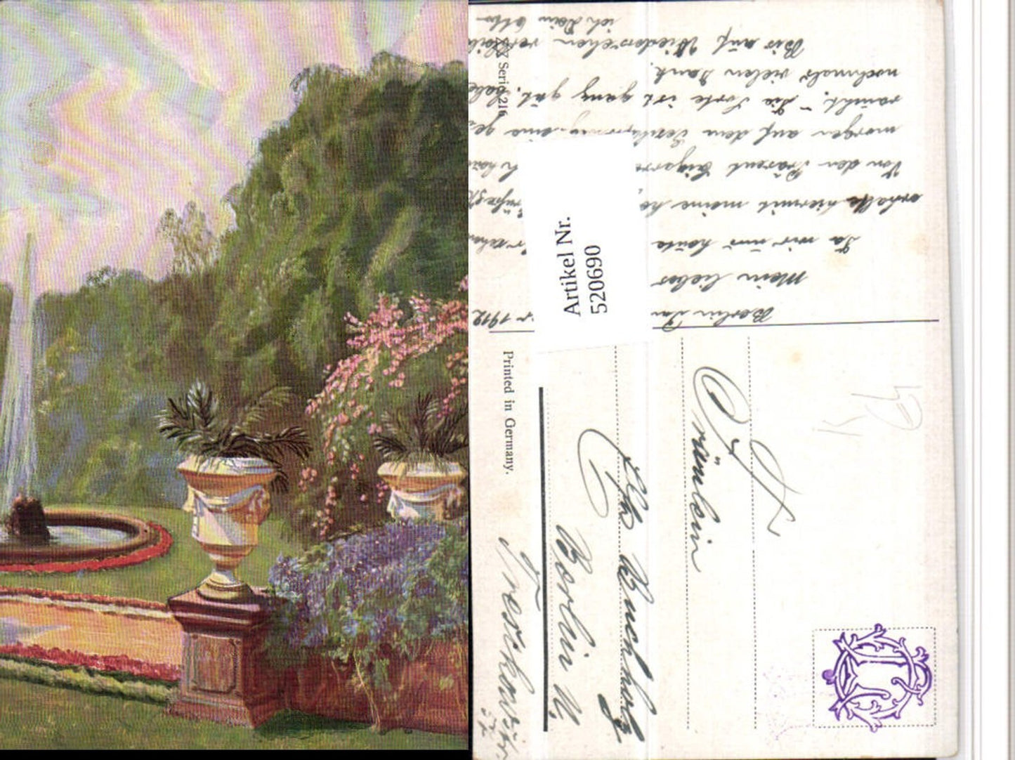 520690,Künstler AK Landschaft Fontäne Blumen