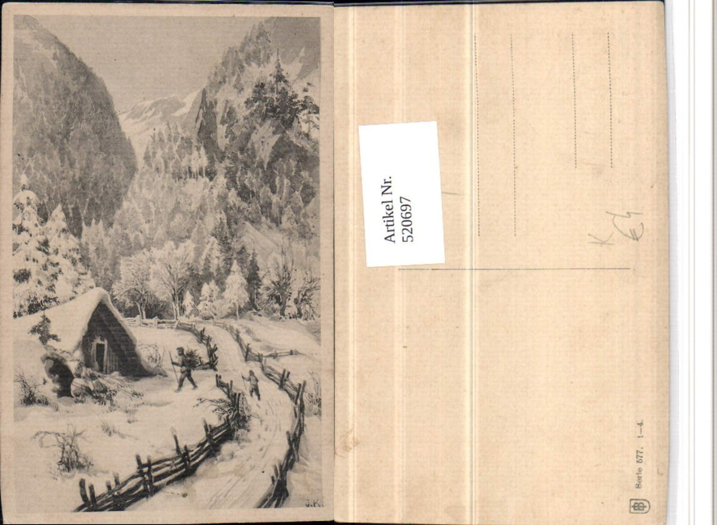 520697,Künstler AK Winterlandschaft Hütte Bergkulisse