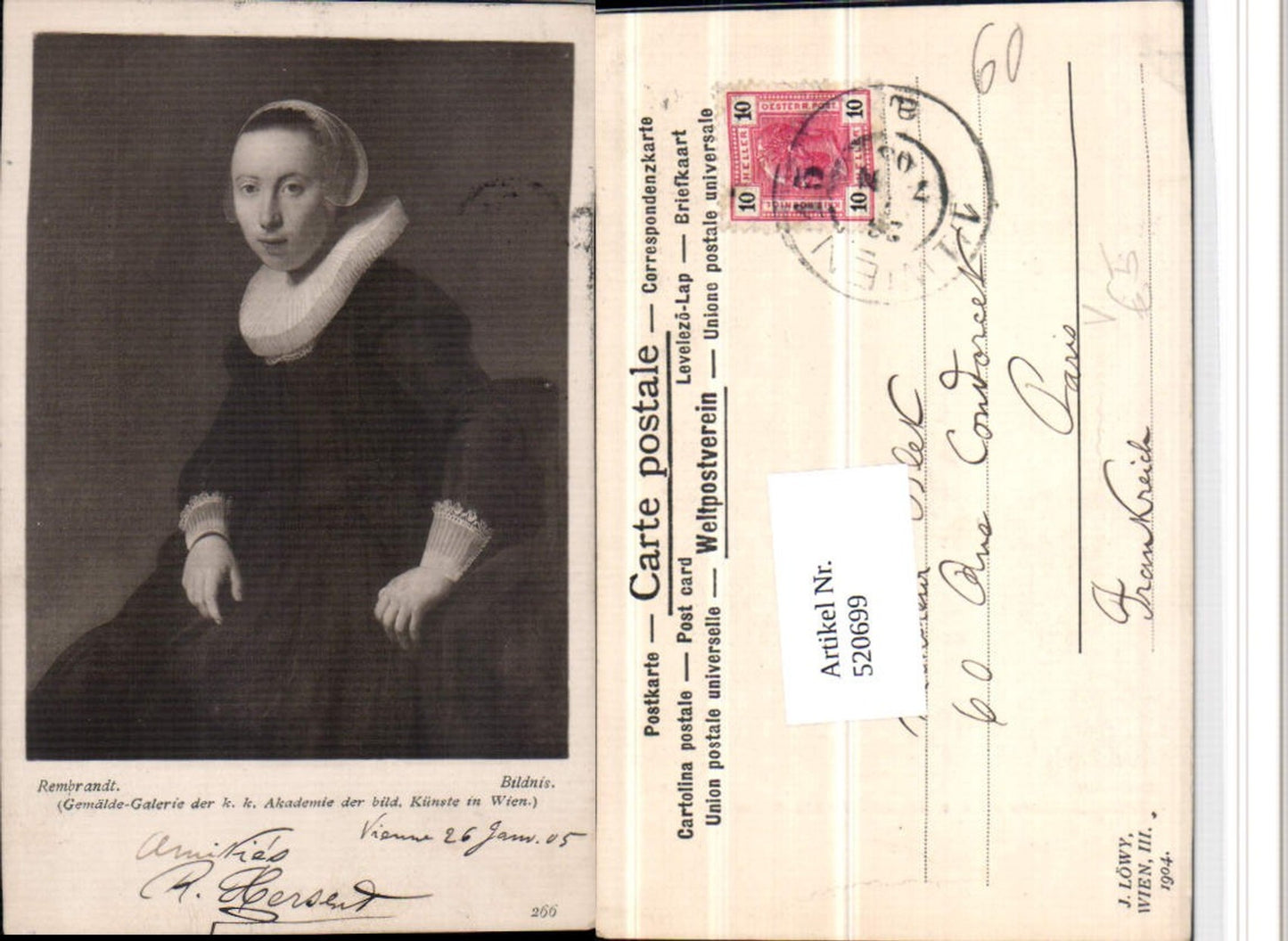 520699,Künstler AK Rembrandt Bildnis Frau Halskrause Portrait pub J. Löwy Wien