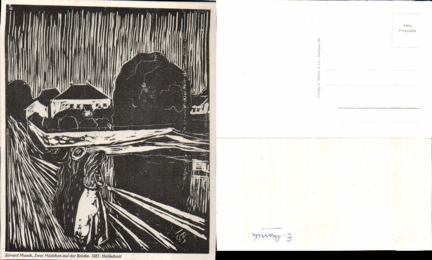 520702,Künstler AK Holzschnitt Edvard Munch Zwei Mädchen auf der Brücke