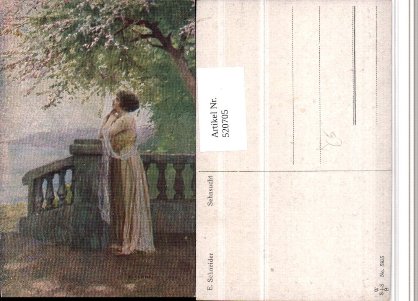 520705,Künstler AK E. Schneider Sehnsucht Frau Kleid Zaun