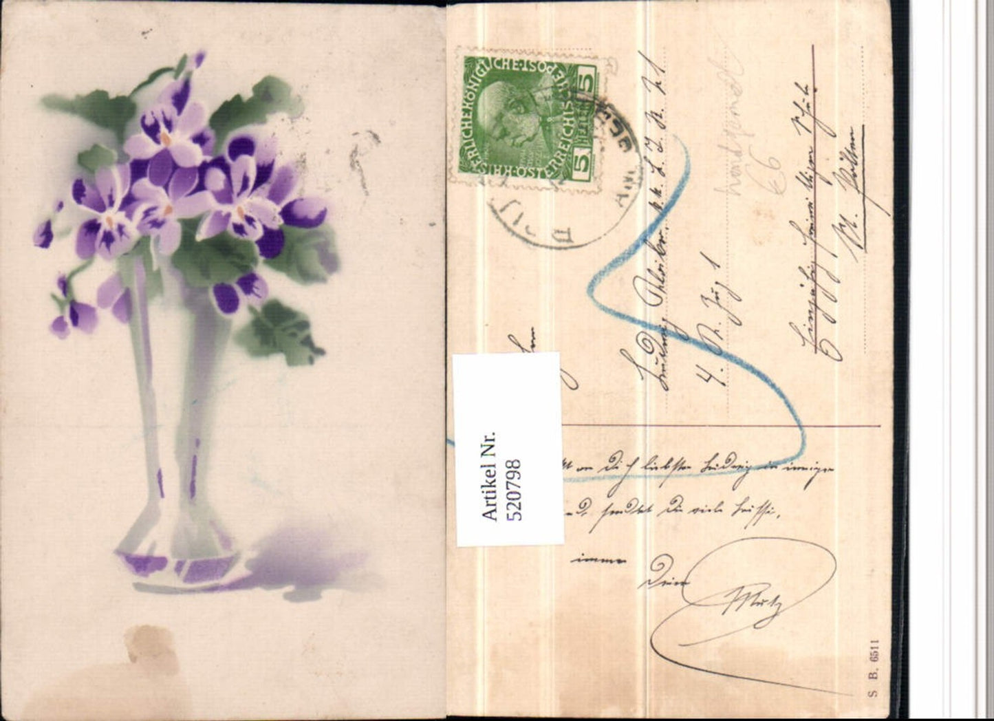 520798,Künstler AK Handgemalt Veilchen Blumen Vase