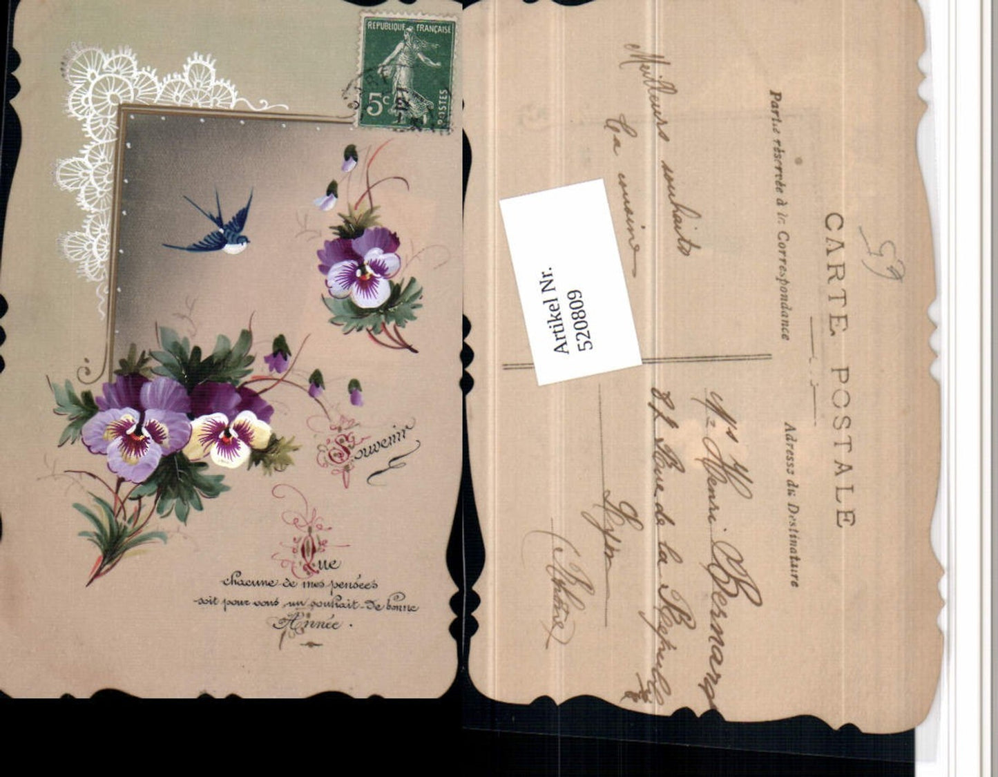 520809, Artist AK Hand-painted Pansy Flowers Swallow