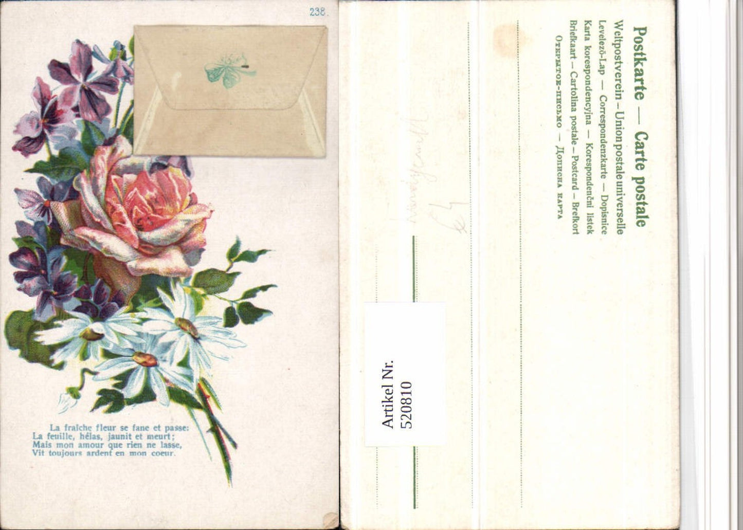 520810,Künstler AK Handgemalt Blumen Rose Veilchen aufgeklebtes Kuvert