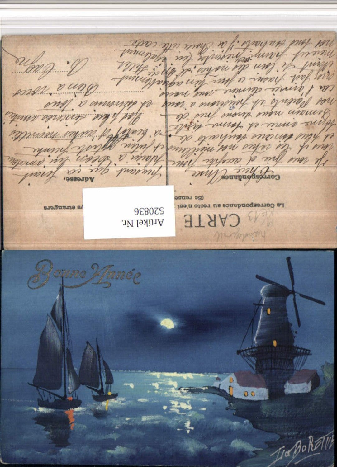 520836, Artist AK Hand-painted Windmill Sailboats Moonlight