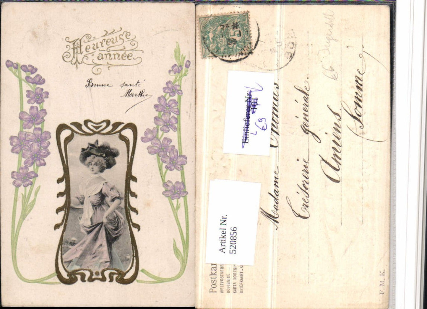 520856,Jugendstil Präge Künstler Litho Frau Hut Passepartout Blumen