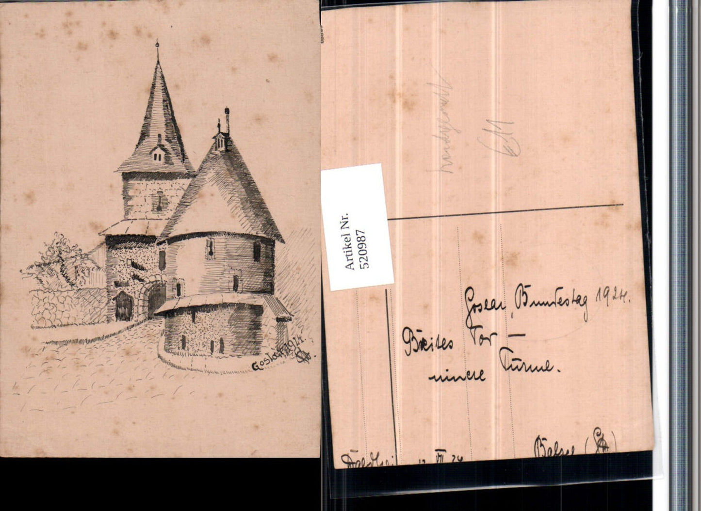 520987,Künstler AK handgemalt Goslar Breites Tor Innere Türme 1924
