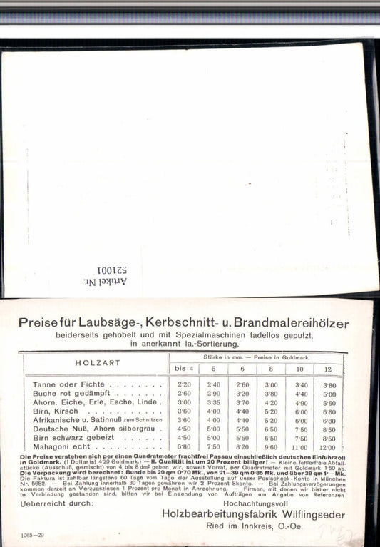 521001,Reklame Beleg Ried im Innkreis Fabrik Wilflingseder