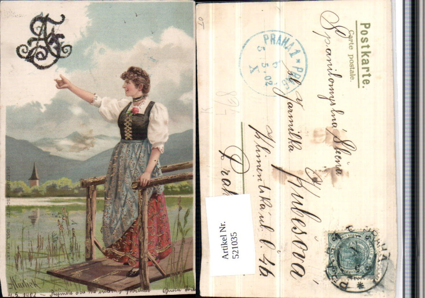 521035,Glitzer Künstler Litho Alfred Mailick Frau Tracht Steg pub Erika 1063