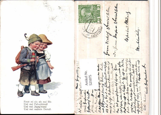 521075,Künstler AK Karl Feiertag Kinder Paar Tracht Jäger pub B.K.W.I. 699/4